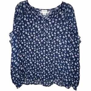 Liz Claiborne Blouse‎ Sheer Tie Neck Size M Blue Floral Ruffle LS GirlCore